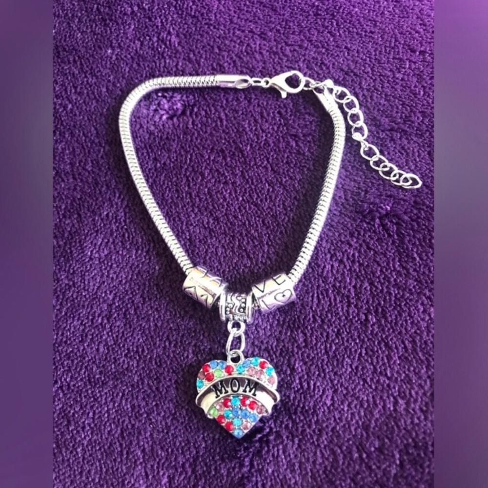Silver Mom Heart Charm Bracelet with Multicolor Stones